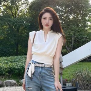 Slimming Short Sleeveless V-Neck Commuter Womens T-Shirt Fashion Casual Summer New Style Pure Color Vest Top Polyester Fiber