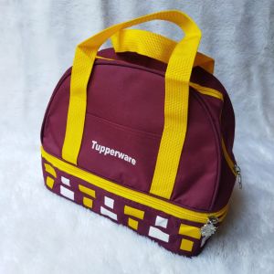 Tas Bekal CNC Double Motif Kotak Tas Penyimpanan Makanan Tupperware Warna Biru Kuning dan Hitam Biru Dengan Pegangan dan Zipper 24*17*20 cm