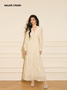 Elegant White V-Neck Embroidered Long Dress