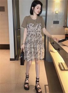 Elegant Floral Print A-Line Mini Dress Womens Fashion Slimming Black Dress Gathered Waist Short Sleeve round Neck Summer Dress