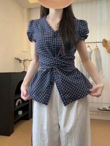 BINKAFENNY | Plus Size Lace Trim Checkered Short Sleeve Blouse with Irregular Design and Tie-up