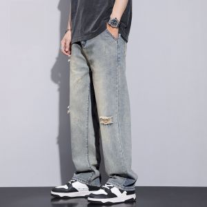 ROMON | Romon Mens Summer Thin Wide Leg Loose Straight Retro Yellow Mud Casual Long Jeans Distressed Denim Mid Waist Zipper Pocket