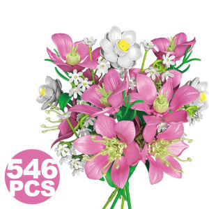 Creative 546PCS Pink lily Bouquet Building Blocks Jasmine Immortal Flowers Home Desk Plant Decoration Assemble Bricks Toys Gifts