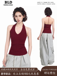 Áo Ba Lỗ Dệt Kim Cổ Chữ V Màu Đỏ Mỹ Dành Cho Nữ Mùa Hè Áo Khoác Ngoài Che Bắp Chân Áo Ba Lỗ Nhiều Chất Lượng