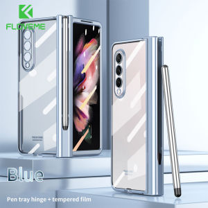 [With Pen+ Screen Protective Film] FLOVEME Anti-Fall Plating Phone Case For Samsung Galaxy Z Fold 4 Fold 3 Fold 2 5G Transparent With S Pen Front Glass Protector Film Back Cover For Galaxy Z Fold 4 Fold 3 Fold 2