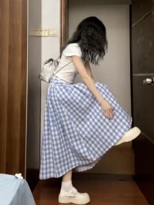 Váy Dài Chữ a Cạp Cao Kẻ Caro Màu Xanh Trắng Cho Nữ Váy Che Mông Váy Dài Váy Xếp Ly Váy Phong Cách Hàn Quốc Váy Mùa Hè