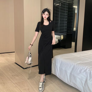 Plus Size Lightly Mature Dress Womens Summer New Arrival Plus Size Ladies Slim Fit and Thin Cover Belly Split Short Sleeve Dress Long Dress