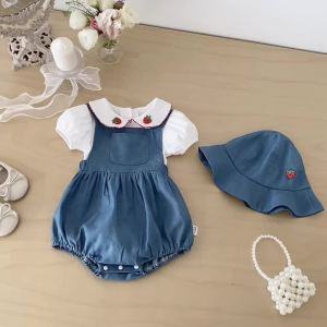Summer Baby Girl Cute Strawberry Lasel Short Sleeve Top Belt Pants and Hat Set Baby Girl Outdoor Cute Short Sleeve Set
