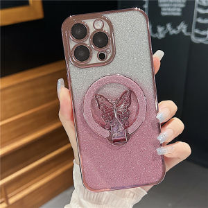 Glitter Electroplating TPU Butterfly Bracket Magnetic Phone Case for iPhone 11 12 13 14 15 16 Pro ProMax Plus MAX Shockproof i11 for Men Women Lovely Good Purple Pink Black Green Silver Blue Gold Box Strong Anti-fall Full Protection Drop-proof Beautiful