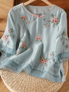 Elegant Loose Embroidered Shirt Cover Stomach High End Retro Style Button up Cotton Summer Fashion Womens Top Chinese Style