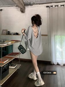 Áo Thun Nữ Tay Ngắn Hở Lưng Chéo Mùa Hè Thường Ngày Dáng Rộng Thoải Mái Thời Trang Phong Cách Hàn Quốc Cổ Tròn Màu Trơn