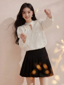 XIANGYING | French Fringe Feather Sequin Hollow Out Shirt White
