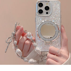 เคสโทรศัพท์มือถือ Apple แบบสะท้อนแสงสีเงินพร้อมกระจกและสติกเกอร์แฟชั่นสำหรับผู้หญิง ดีไซน์หรูหรา ดีไซน์สร้างสรรค์