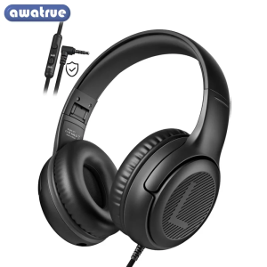 AWATRUE Kids Headphones with MicrophoneSafe Volume Limiter 94dB3.5mm Jack On-Ear Headset for Children Teens Girls Boys School