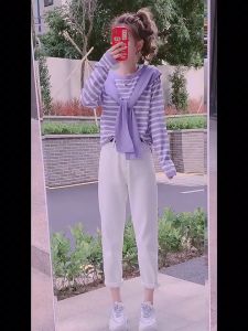 Dahong 9391-1 เสื้อกันหนาวลําลอง ผ้าคลุมไหล่ ผ้าถัก เสื้อแขนยาว ลายทาง คอกลม ใหม่ แฟชั่นฤดูใบไม้ร่วง