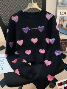 Autumn Black round Neck Knitted Sweater Color Block Love Heart Design Short Sleeve Long Sleeve Top Elegant New Arrival 2023