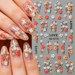 1Pcs 5D Embossed Daisy Flower Nail Art Stickers Orange&White Floral Self-Adhesive Nails Decals Spring Summer Blossom NailSliders