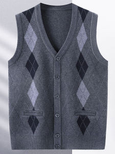Mens Knitted Wool Vest Autumn Winter Thickened Business Casual V-Neck Grandpa Style Middle-Aged Dad Sweater Vest for Seniors
