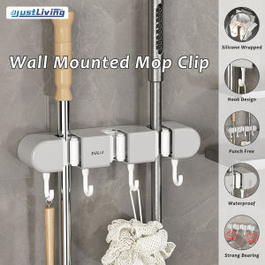 JustLiving Broom Holder Wall Mounted - Mop and Broom Hanger Holder - Garage Storage Rack & Garden Tool Organizer - 3 Position 4 Hooks for Home/ Kitchen/ Garden/ Tools/ Garage Organization