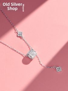 WU YUE JEWELRY | 999 Fine Silver Four-Leaf Clover Y-Necklace Light Luxury Clavicle Chain