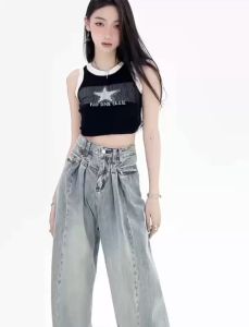 สินค้าใหม่ - กางเกงยีนส์ขายาว เอวสูง ทรงขากว้างหลวมๆลากพื้น เหมาะสำหรับคนตัวสูง