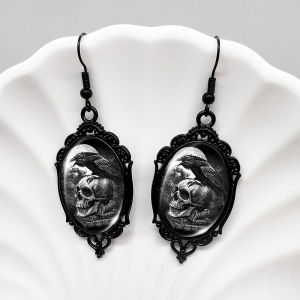 Gothic Halloween Black Cat Witch Crow Skull Earrings Punk Oval Glass Dangle Earrings For Women Girls