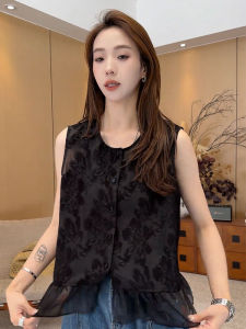 YUFUQING | เสื้อเชิ้ตแขนกุดคอปกกลมสีดำสำหรับผู้หญิงในช่วงฤดูร้อน เสื้อเชิ้ตแขนกุดแบบมีขอบลูกไม้ ทรงหลวม ทรงเอ ทรงเข้ารูป