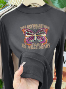 Áo Thun Dài Tay Cổ Đứng Màu Đào in Chữ Thời Trang Thu Đông Mới Cho Nữ Áo Lót Ôm Vừa Vặn Chất Liệu Cotton Pha Trộn Thường Ngày