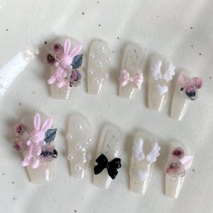 10 ชิ้น งานทำมือแท้ รูปทรงโลงศพ สำหรับตกแต่งเล็บ เล็บปลอมสำหรับงานตกแต่งเล็บ ฐานใสลายกระต่ายสีชมพู เหมาะสำหรับผู้หญิงใช้