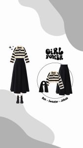 One Set 3in1 Kekinian (Sweater Stripe Crop Wanita + Rok Basic Polos + Jilbab Paris) - KA081