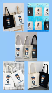 Customize Name Cute Cartoon Style Canvas Bag | No MOQ | Personalized Gift Bag Beg Kanvas Graduate Bag Shopping Bag