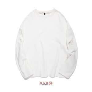 Pioxleon Heavy Weight White Solid Color Long Sleeves T-Shirt Versatile Casual Loose Bottoming Shirt Drop Shoulder Men Pure Cotton Clothes