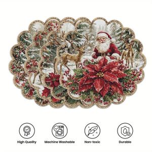 VIKAMA Evergreen Pine Berry Star Round Placemat Crimson Backdrop Conifer Red Fruit Golden Sparkle Border Festive Table Mat Soft