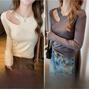 MiiOW | Áo thun dệt kim tay dài khoét rỗng cho nữ MiiOW Áo sơ mi cổ tròn mùa thu thường ngày màu trơn dài vừa vặn