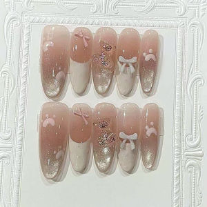 24Pcs Mid-length Ballet French Gentle Nail Tips Nude Wearable Coffin Pearl Stick on Fake Nail Reusable Full Cover False Nail Art
