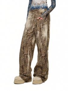 1JINN STUDIO | Patchwork Rabbit Fur Displaced Deconstruction Leopard Print Low Rise Denim Pants