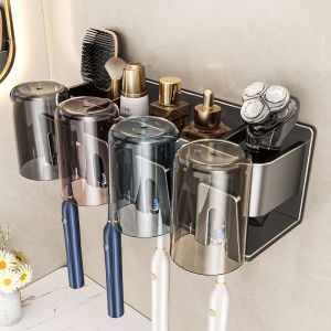 Toothbrush Holder No Need Drilling Toothbrush Cup Mouthwash Cup Wall Mounted Storage Bathroom Restroom Cup Holders With Cups