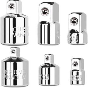 ชุดอะแดปเตอร์และตัวแปลงขนาดหัวบล็อก 6 ชิ้น - 1/4 นิ้ว 3/8 นิ้ว 1/2 นิ้ว ผลิตจากเหล็กโครเมียมวานาเดียม สำหรับประแจวงล้อ/ตัวต่อหัวบล็อก/ชุดแปลง สำหรับงานยานยนต์