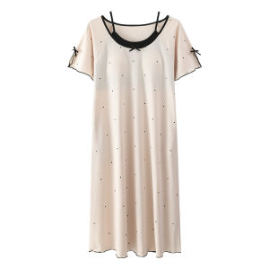 Váy ngủ nữ MiiOW làm bằng vải lụa băng tay ngắn họa tiết chấm bi