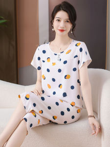 ชุดนอนผ้าไหมฝ้ายหลวมแขนสั้นฤดูร้อนสำหรับผู้หญิง ชุดนอนผ้าฝ้ายผสมโพลีเอสเตอร์ 2 ชิ้น ลำลอง ระบายอากาศได้ดี เสื้อผ้าสำหรับใส่อยู่บ้าน