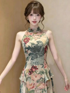 Vintage Retro Print Waist-Cinching Slim Dress