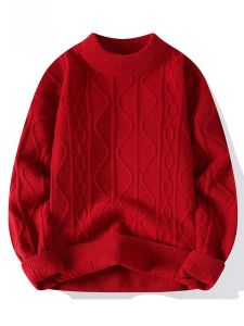 ROMON | Romon Mens Knitted Round Neck Sweater Red Fortunate Year Fashionable Winter Casual Long Sleeve Thickened Neckline Top