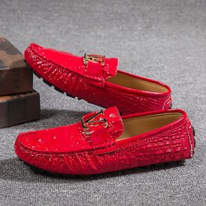 Red Mens Casual Business Shoes Large Size 48 Bean Style Luxury Fashion Single Shoes Leather Upgraded round Toe Flat Heel