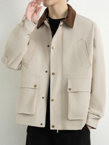 Mens Stylish Workwear Jacket with Color Blocking and Turn-down Collar