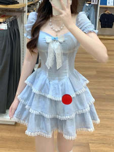 Váy Ren Tay Bồng Kiểu Pháp Ngọt Ngào Cho Nữ Mùa Hè Cỡ Nhỏ Váy Chữ a Thắt Eo Váy Chữ a Thắt Nút Bướm Váy Chữ a Ôm Sát