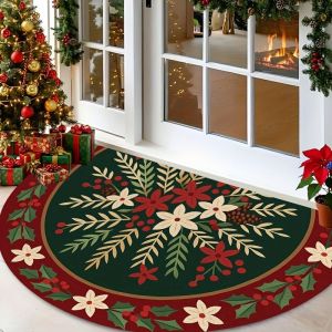 VIKAMA Semi-Circular Christmas Holly Berry Doormat Anti-Slip Floor Rug For Entryway Foyer Indoor Home Party Holiday Decor