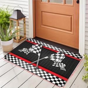 VIKAMA Racing-Themed Mat Black-And-White Checkered Flag Print Non-Slip Mat. Comfortable And Machine-Washable Mat Home Decor.