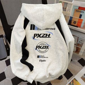 American Design Sense Hooded Sweatshirt Womens New 2024 Thickened Fleece Print Streetwear Style Long Sleeve Mid-Length Coat