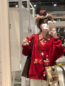 American Style Christmas Dog Fake Two-Piece Sweatshirt Womens Autumn Winter Thickened Fleece High-End Super Beautiful Top