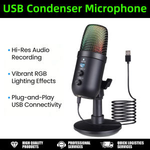 USB Gaming Microphone for PC Condenser Podcast Mic for Studio Recording Headphone Jack RGB Noise Cancellation with Mute Button